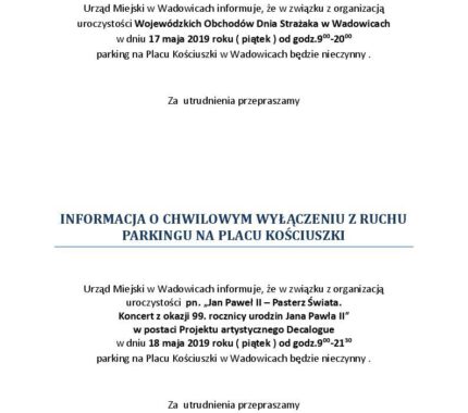 Informacja o chwilowym wyłączeniu z ruchu parkingu na Pl. Kościuszki