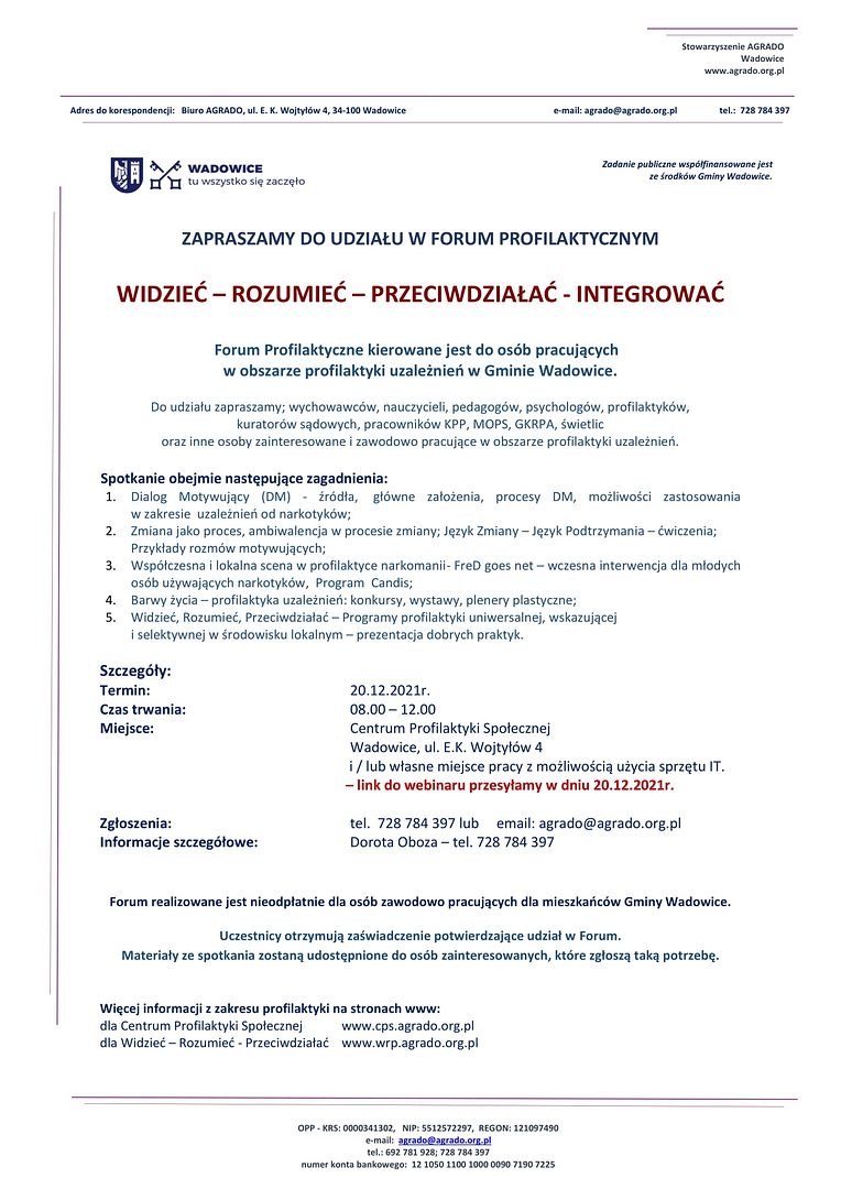 WRP DMZ forum info 2021 1 - Forum Profilaktyczne skierowane do osób pracujących w obszarze profilaktyki uzależnień w Gminie Wadowice