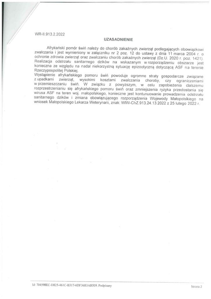 uzasadnienie 724x1024 - Rozporządzenie Wojewody Małopolskiego z dnia 28 lutego 2022 r. zmieniające Rozporządzenia z dnia 17 stycznia 2022 w sprawie zarządzenia odstrzału sanitarnego dzików na obszarze zagrożenia wystąpienia afrykańskiego pomoru świń.