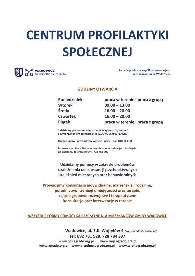 CPS info dyzur UM 2023 - Centrum Profilaktyki Społecznej - bezpłatna pomoc dla mieszkańców Gminy Wadowice
